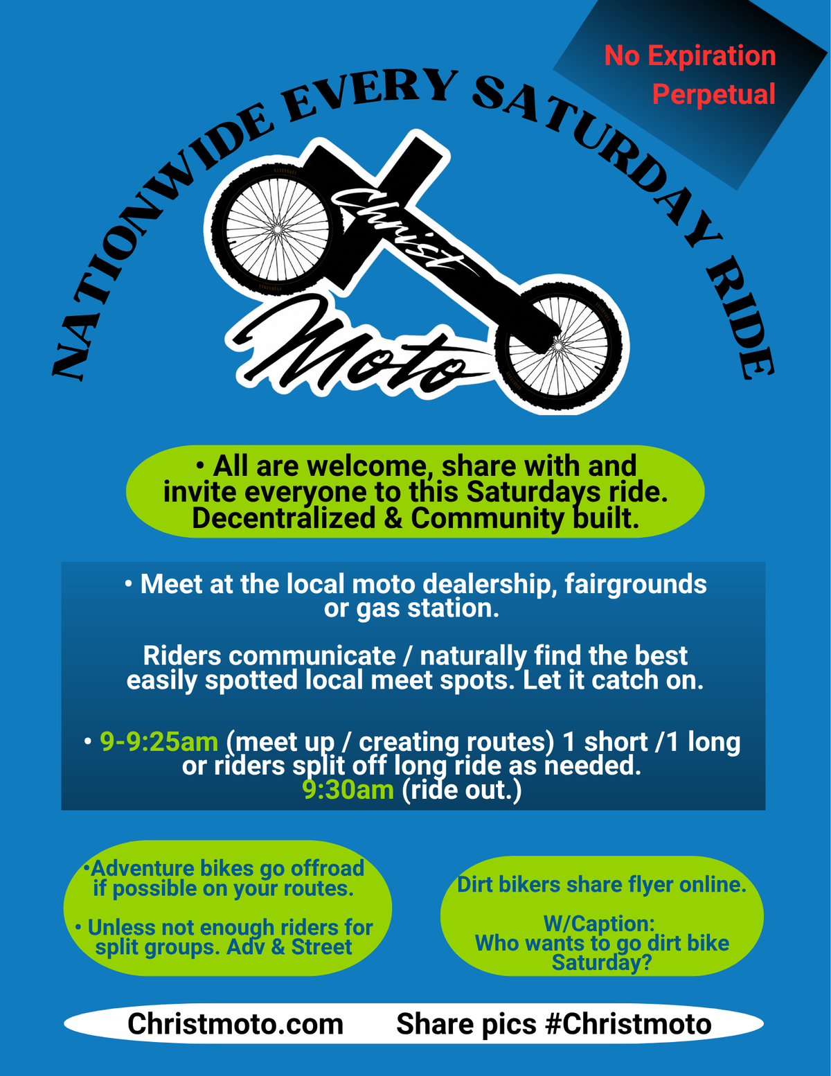 Christ Moto Saturday Ride flyer — click to download the official nationwide weekly motorcycle meetup flyer. Faith-driven riders gathering every Saturday across the USA.